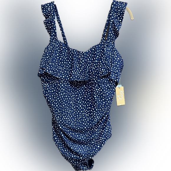 NWT Kona Sol Women’s Navy polka dot Ruffle bathing suit 16 - Picture 2 of 5